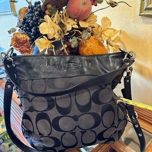 Coach Black Signature Canvas Shoulder Bag with Leather Trim